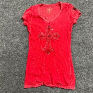 Stone Rose T-Shirt Womens Size M Red Sequin Cross Embellished V-Neck Slim Fit